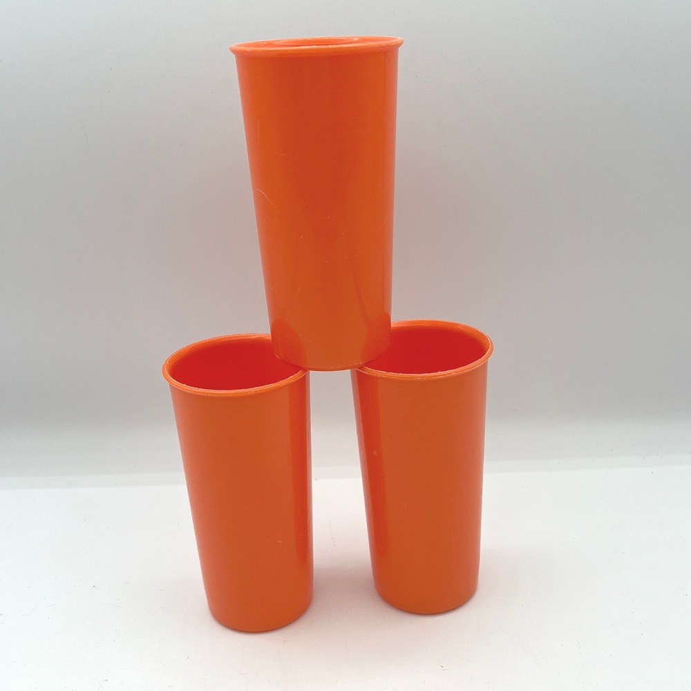 Vintage Tupperware Orange Tumblers Set of 3 Plastic Juice Cups MCM